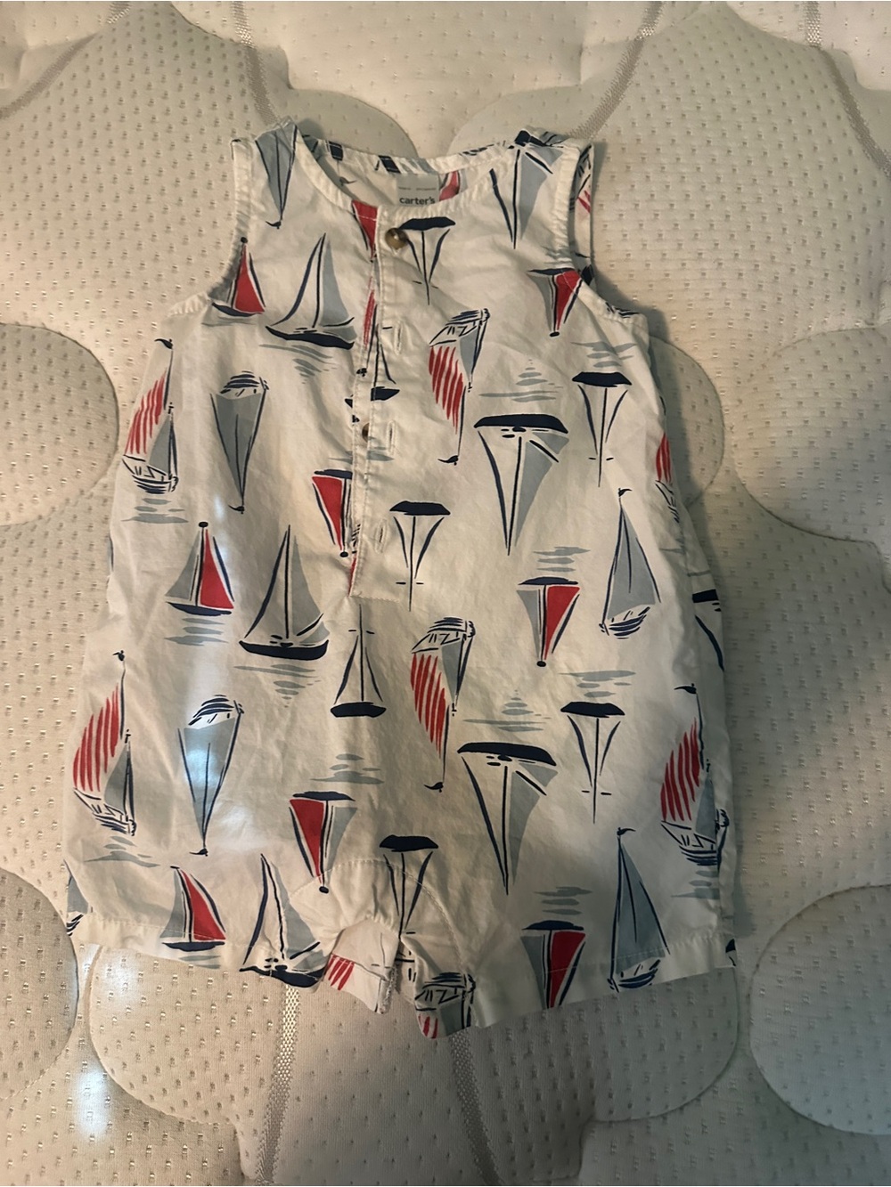 Carter's White Sailboat Print Sleeveless Tank Romper - Red & Navy Accents